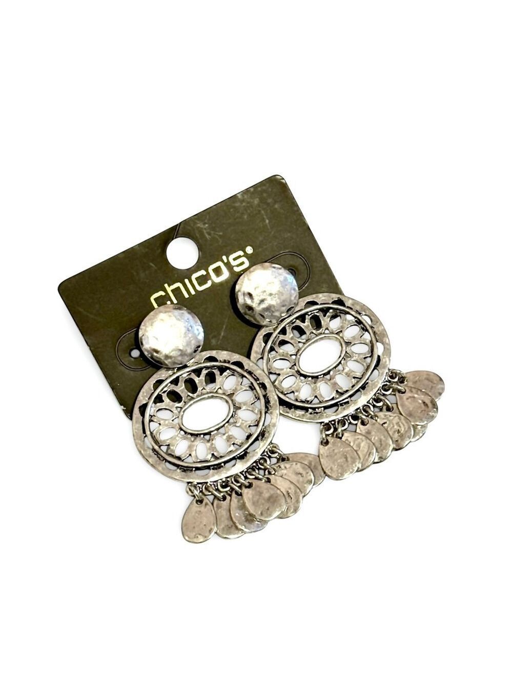 Chico's Silver Filigree Fringe Statement Earrings NWT